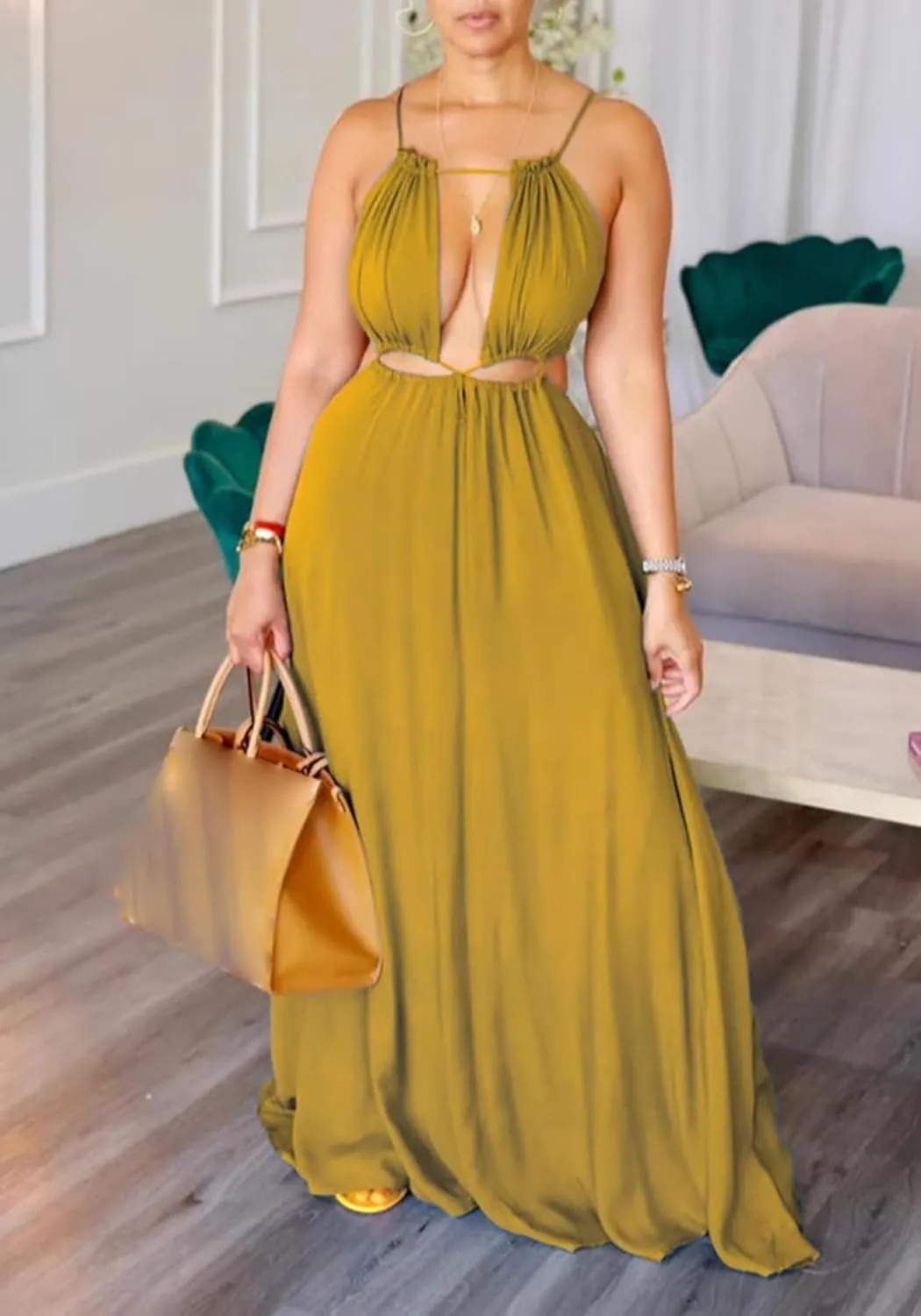 2025 Women Summer Beach Dresses Sexy Cut Out Sleeveless Spaghetti Strap Halter Dress Flowy Maxi Vacation Dress