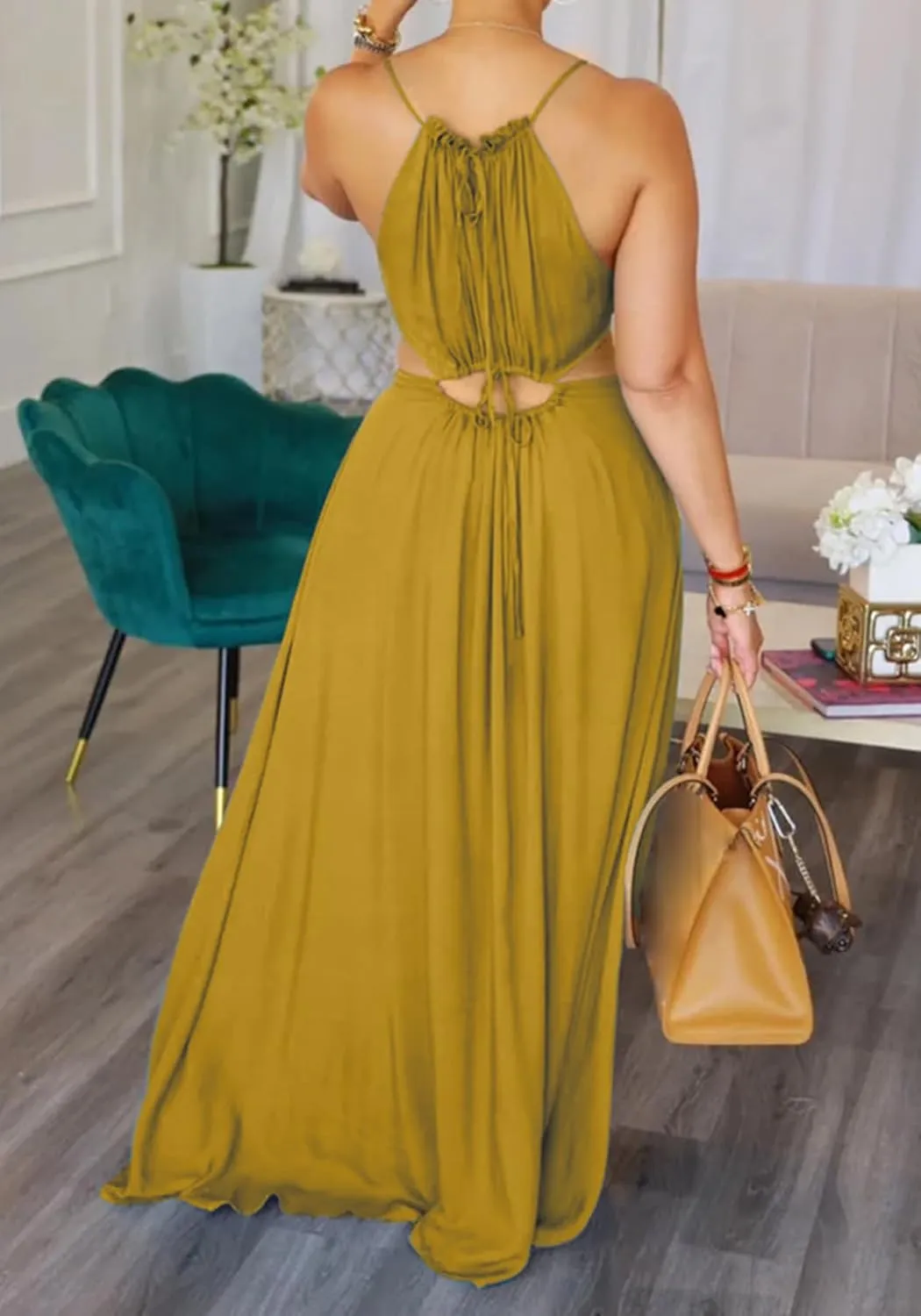 2025 Women Summer Beach Dresses Sexy Cut Out Sleeveless Spaghetti Strap Halter Dress Flowy Maxi Vacation Dress