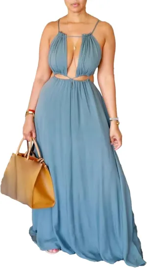 2025 Women Summer Beach Dresses Sexy Cut Out Sleeveless Spaghetti Strap Halter Dress Flowy Maxi Vacation Dress