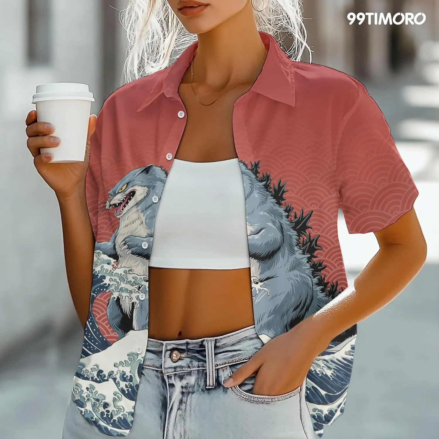 99TIMORO Game Character Hawaiian Shirt, Anime Movie Short Sleeve, Funny Print Button Down Top