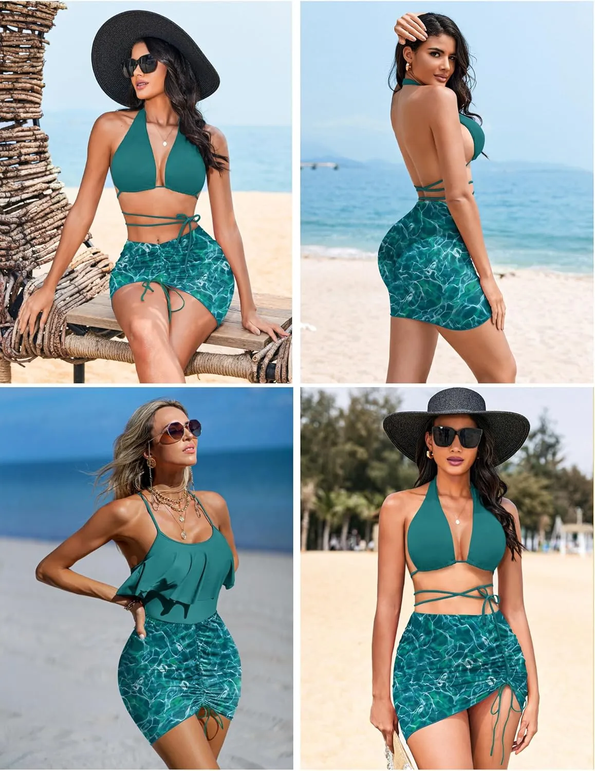 AI'MAGE 2 Pieces Women Beach Sheer Cover Ups Mesh Bikini Wrap Ruched Skirt for Swimwear S-XXL