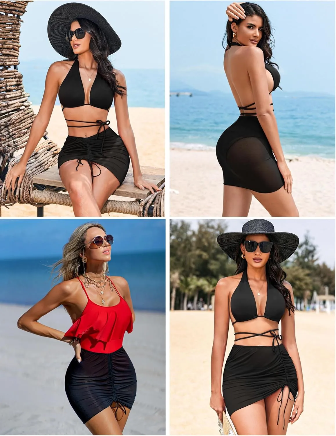 AI'MAGE 2 Pieces Women Beach Sheer Cover Ups Mesh Bikini Wrap Ruched Skirt for Swimwear S-XXL