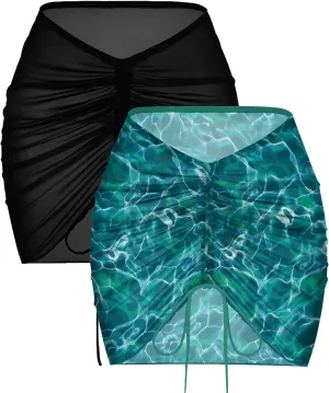 AI'MAGE 2 Pieces Women Beach Sheer Cover Ups Mesh Bikini Wrap Ruched Skirt for Swimwear S-XXL