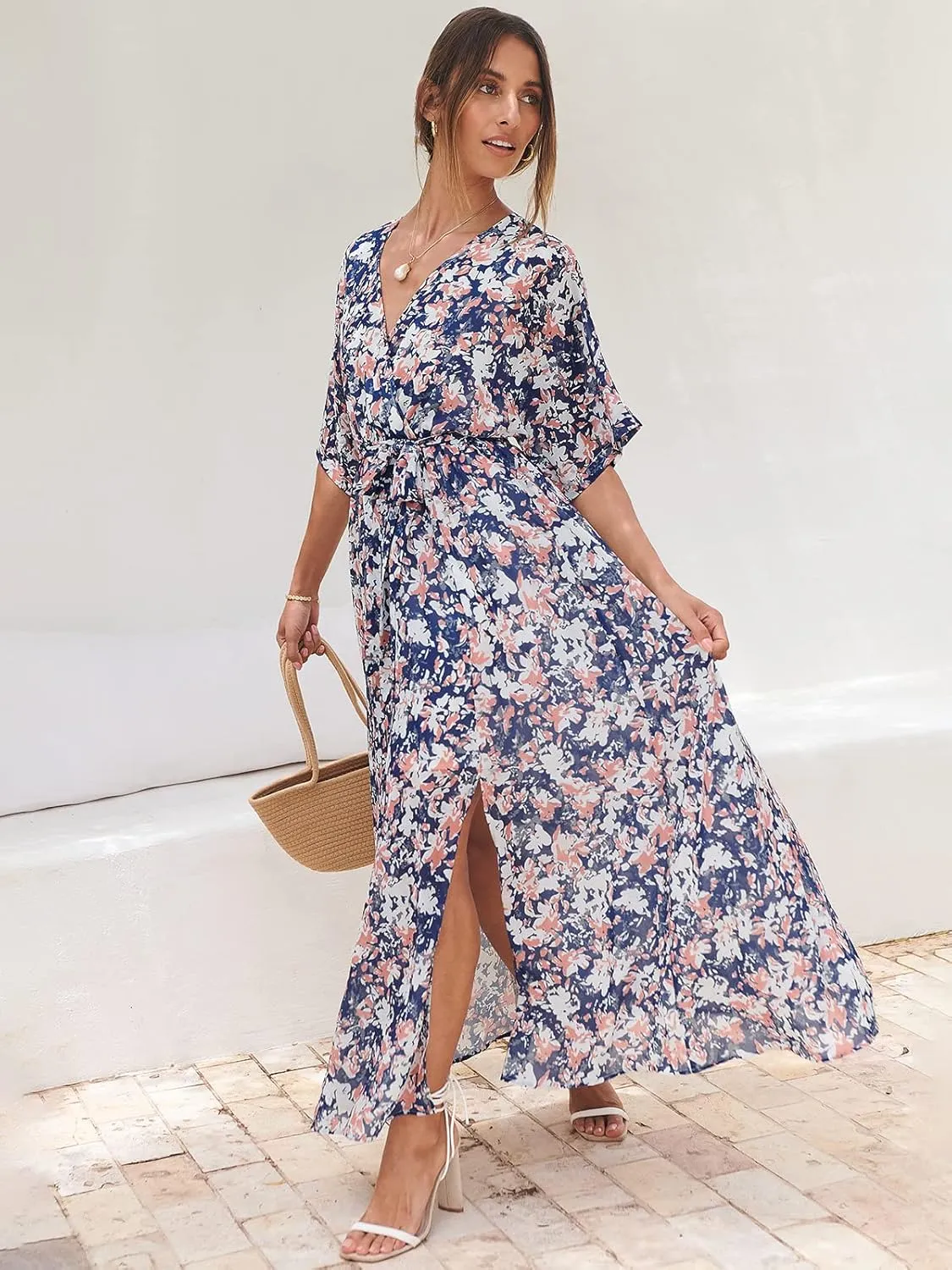 ANRABESS Womens Summer Loose Boho Flowy Wrap V Neck 3/4 Sleeve Floral Print Slit Beach Wedding Guest Long Maxi Dresses