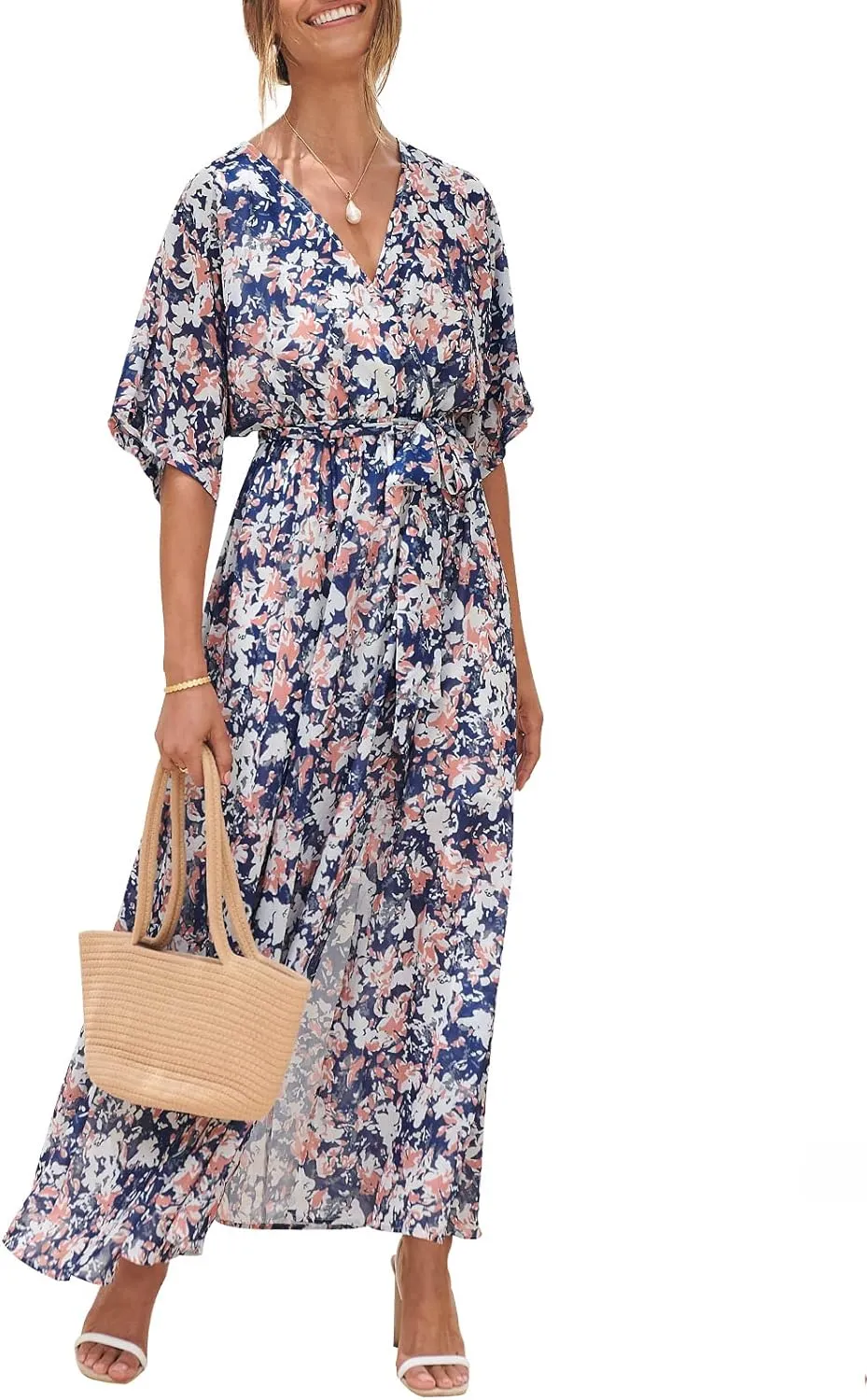 ANRABESS Womens Summer Loose Boho Flowy Wrap V Neck 3/4 Sleeve Floral Print Slit Beach Wedding Guest Long Maxi Dresses