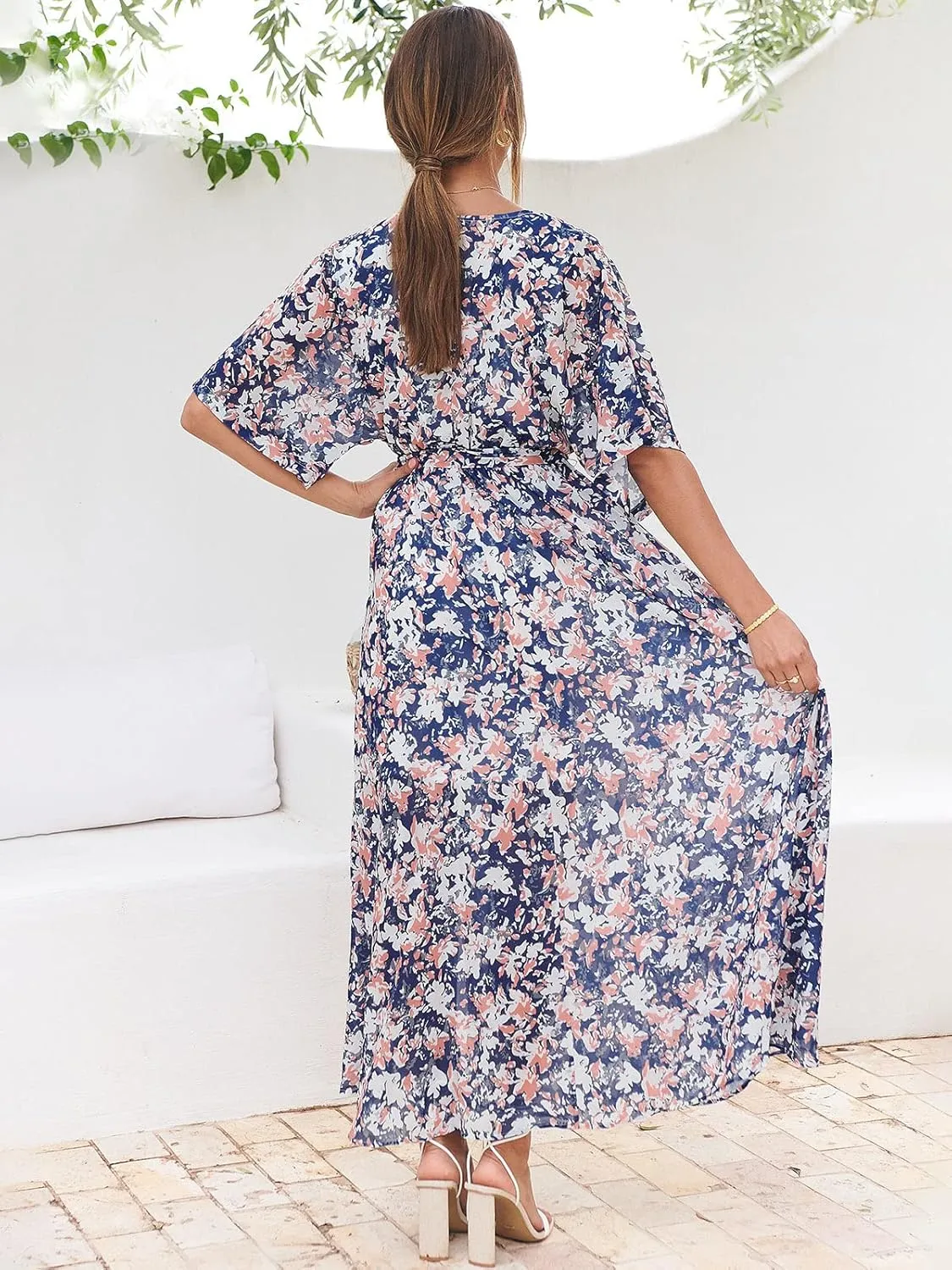 ANRABESS Womens Summer Loose Boho Flowy Wrap V Neck 3/4 Sleeve Floral Print Slit Beach Wedding Guest Long Maxi Dresses