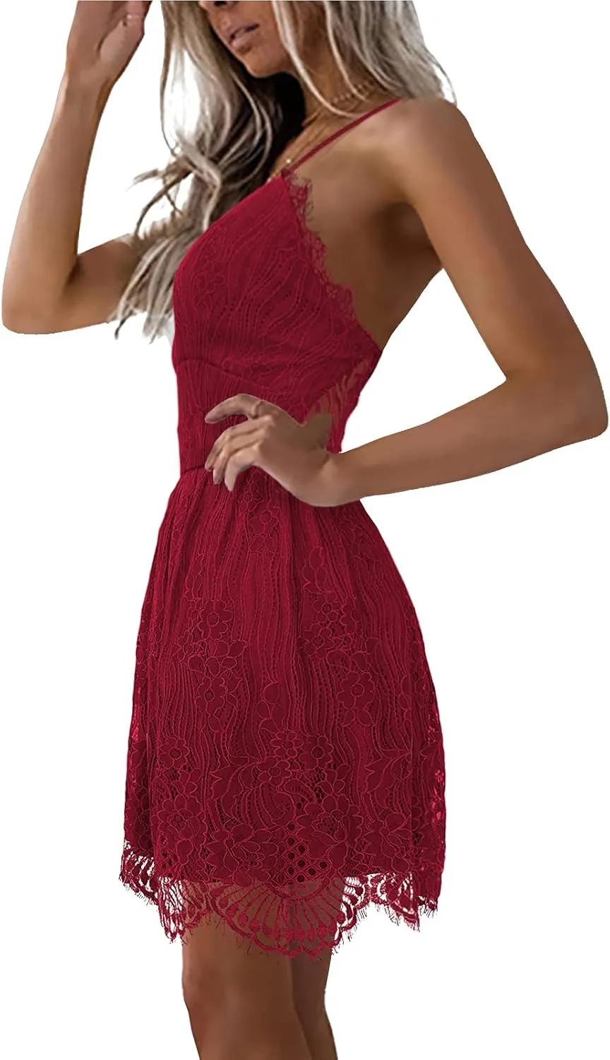 AOOKSMERY Women Summer V-Neck Spaghetti Straps Lace Backless Party Club Beach Mini Midi Dresses