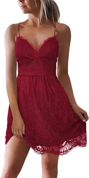 AOOKSMERY Women Summer V-Neck Spaghetti Straps Lace Backless Party Club Beach Mini Midi Dresses