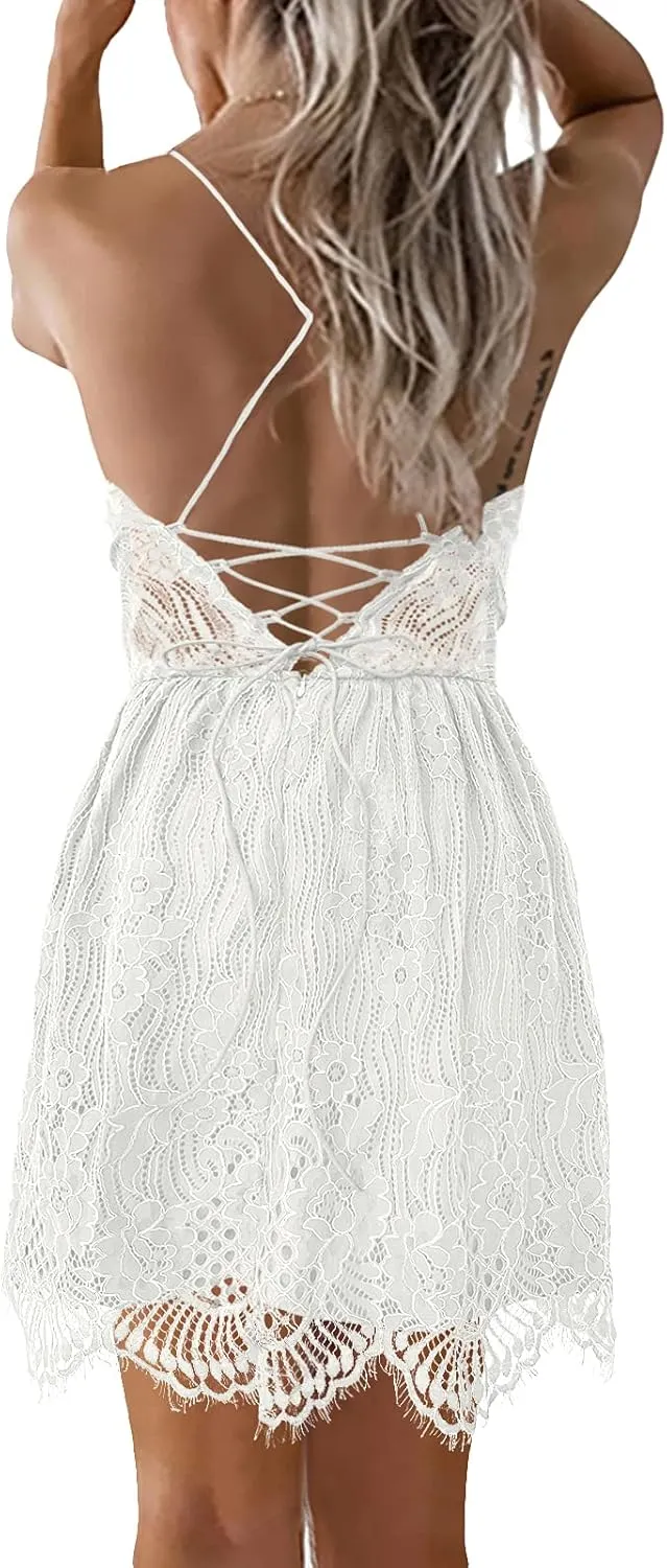 AOOKSMERY Women Summer V-Neck Spaghetti Straps Lace Backless Party Club Beach Mini Midi Dresses