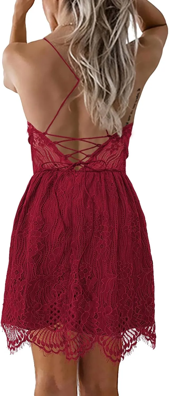 AOOKSMERY Women Summer V-Neck Spaghetti Straps Lace Backless Party Club Beach Mini Midi Dresses