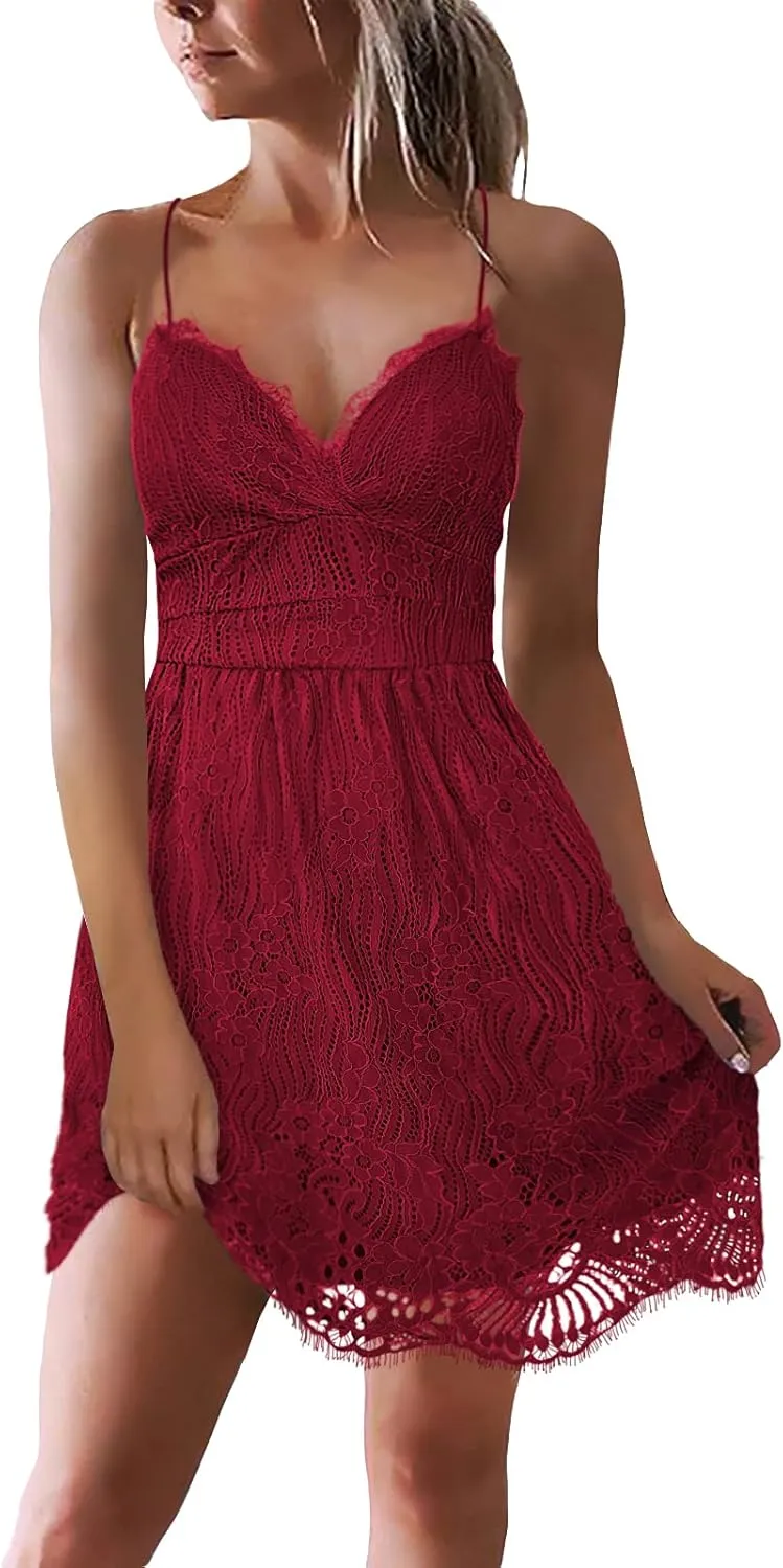 AOOKSMERY Women Summer V-Neck Spaghetti Straps Lace Backless Party Club Beach Mini Midi Dresses