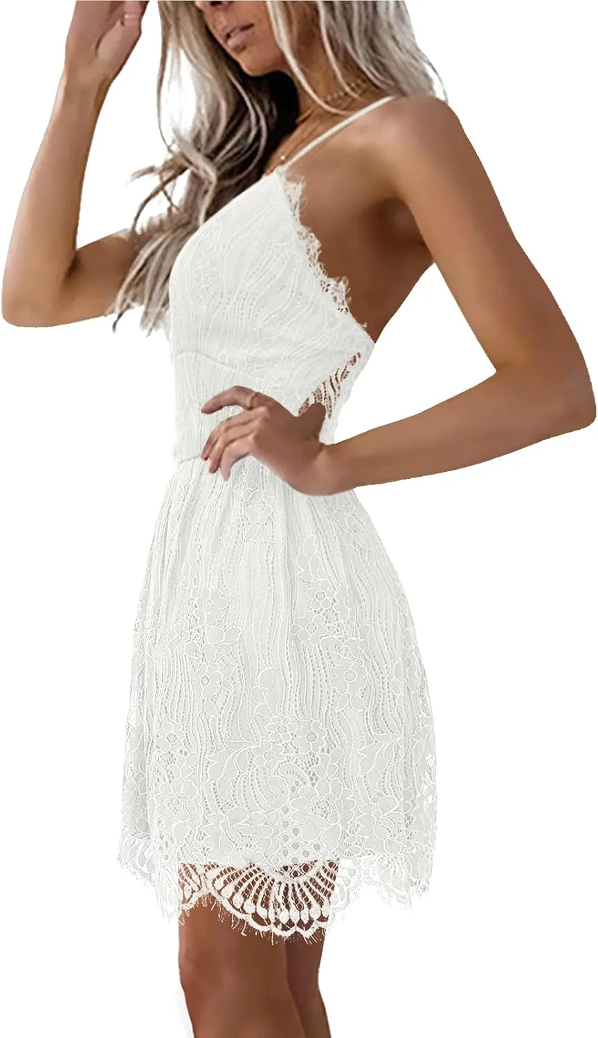 AOOKSMERY Women Summer V-Neck Spaghetti Straps Lace Backless Party Club Beach Mini Midi Dresses