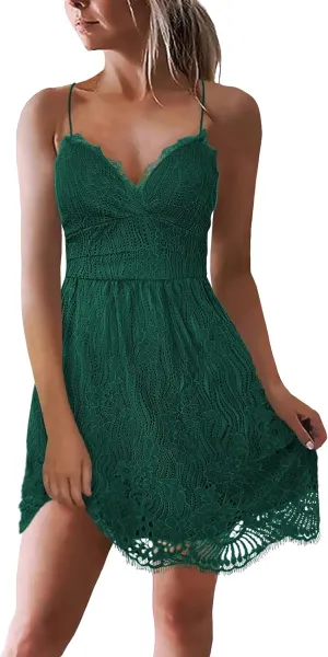 AOOKSMERY Women Summer V-Neck Spaghetti Straps Lace Backless Party Club Beach Mini Midi Dresses