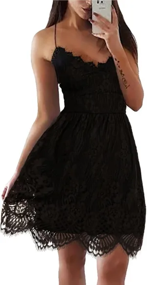 AOOKSMERY Women Summer V-Neck Spaghetti Straps Lace Backless Party Club Beach Mini Midi Dresses