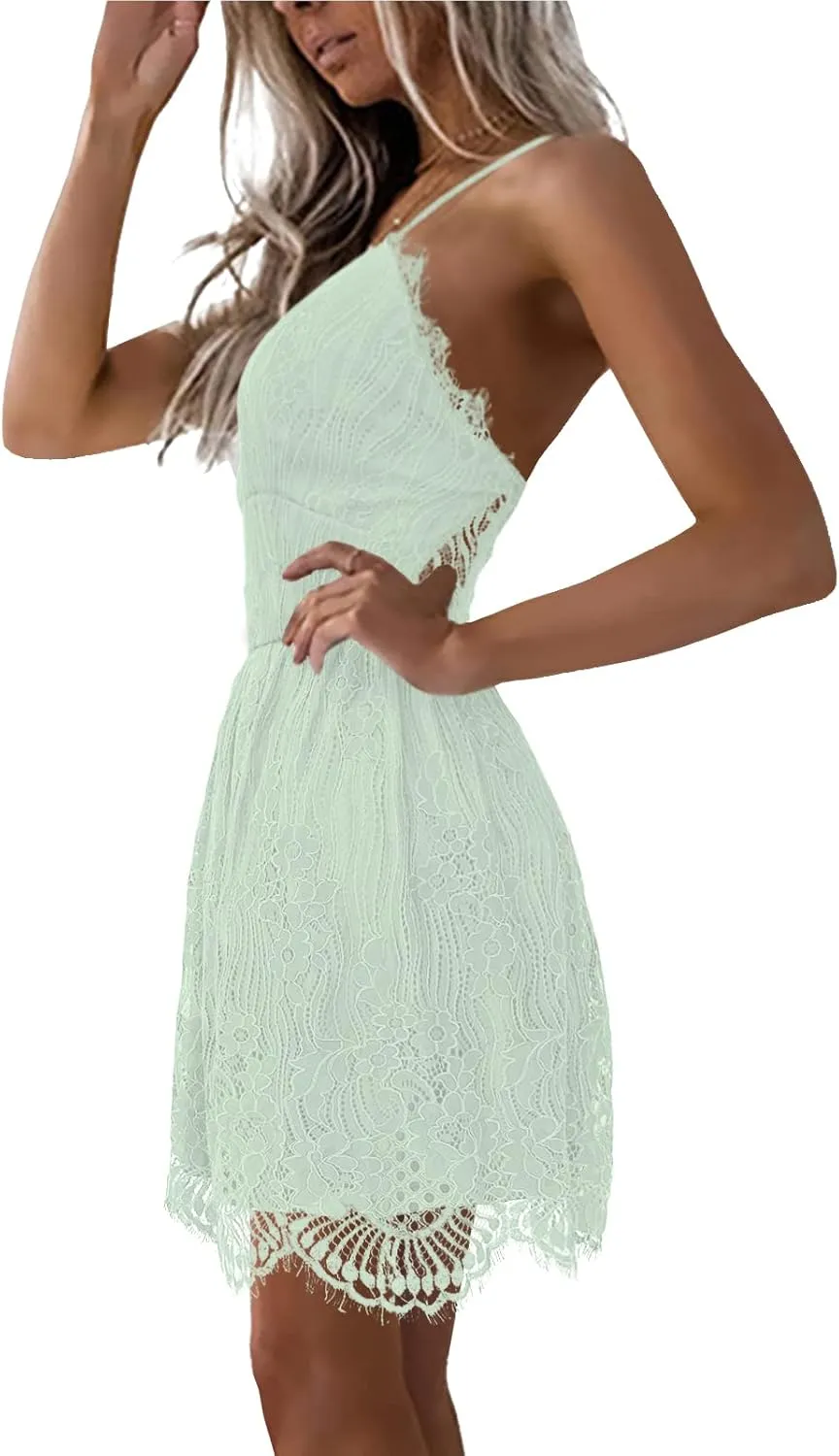 AOOKSMERY Women Summer V-Neck Spaghetti Straps Lace Backless Party Club Beach Mini Midi Dresses