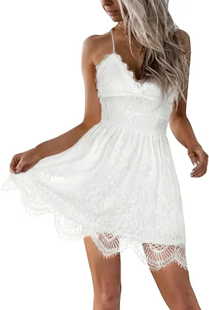 AOOKSMERY Women Summer V-Neck Spaghetti Straps Lace Backless Party Club Beach Mini Midi Dresses