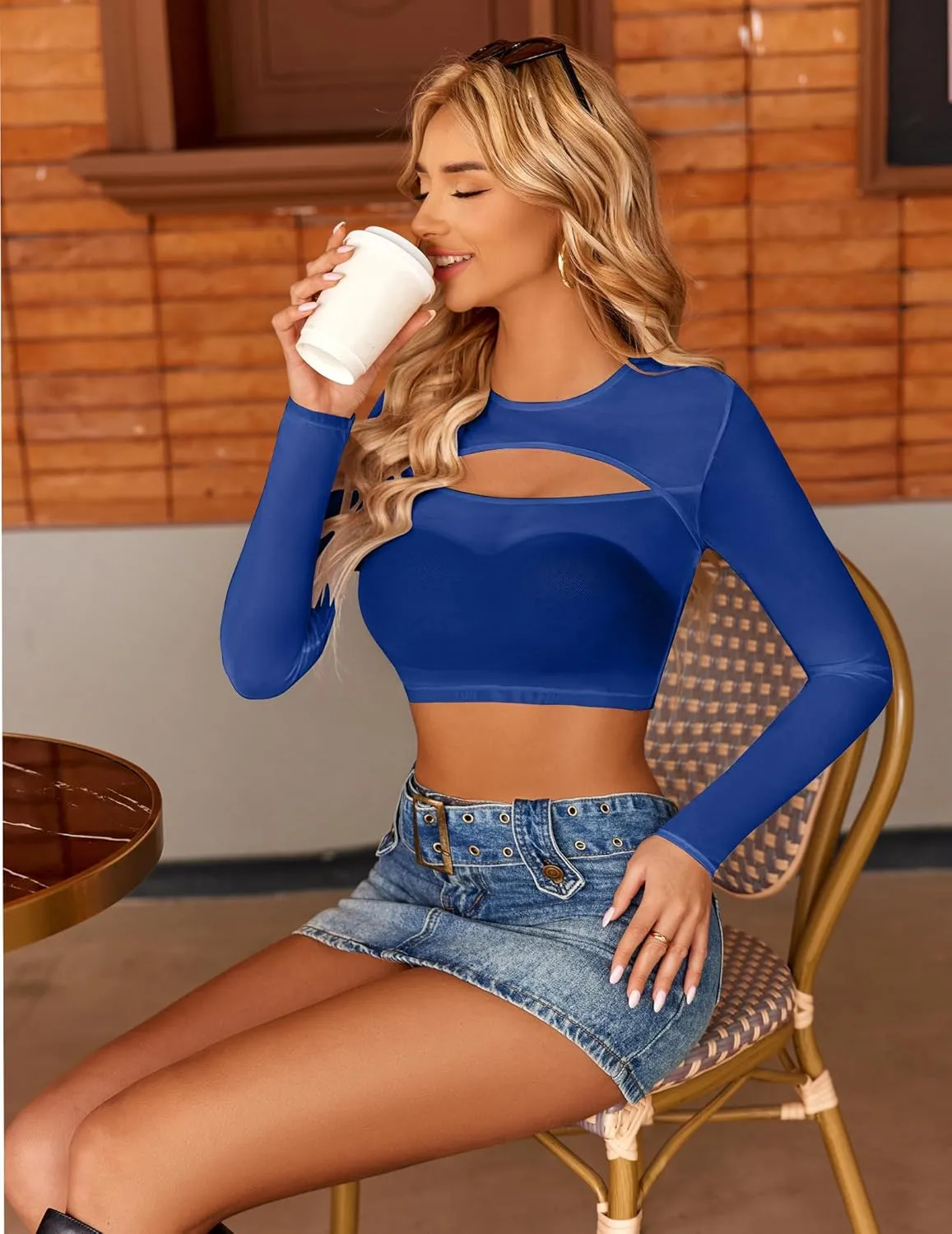 Avidlove Women Mesh Crop Top Long Sleeve Tee Shirt Sheer Blouse Cutout Clubwear
