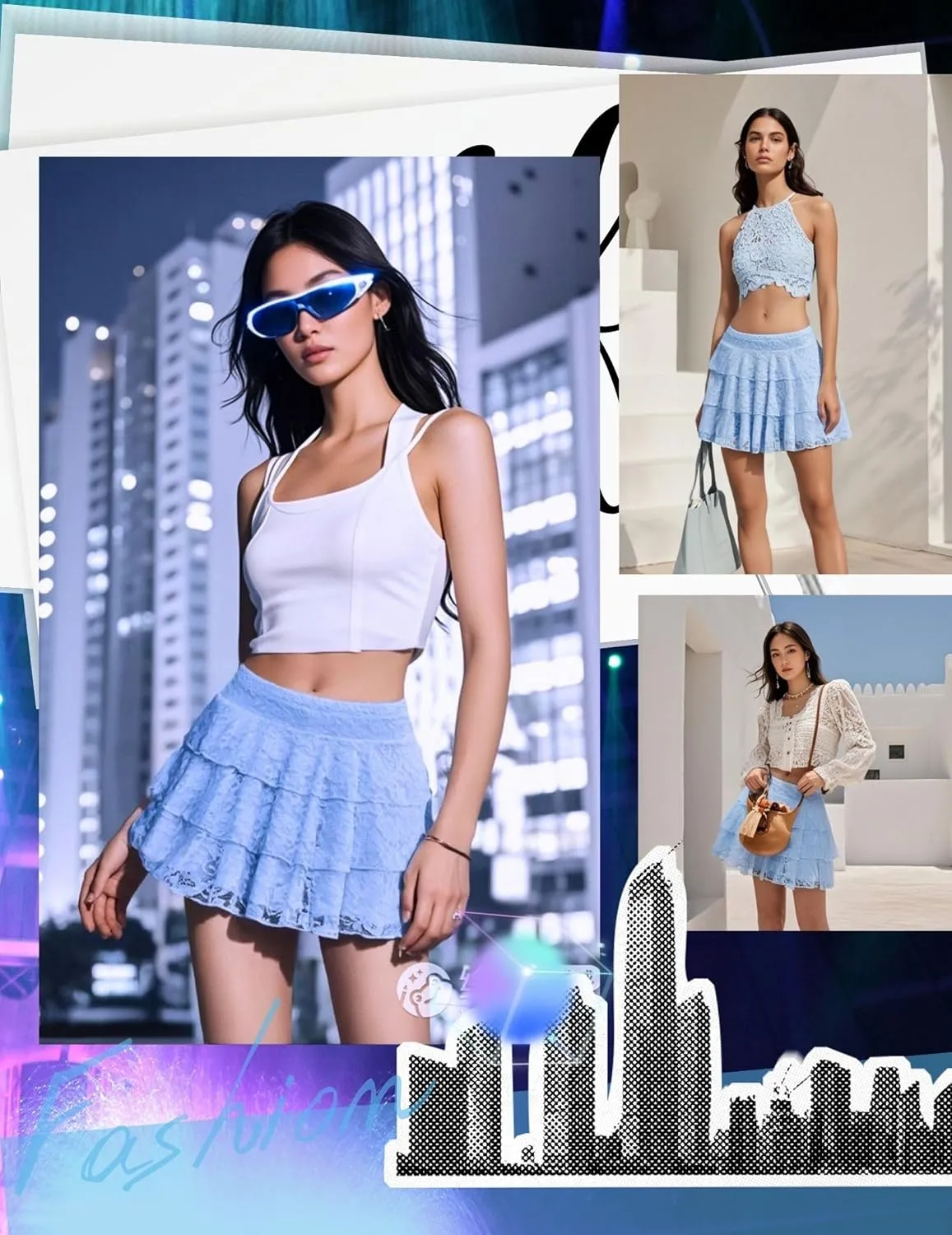Avidlove Women Pleated Mini Skirt Lace Ruffles Short Skirt High Waisted Floral Layered Skirts