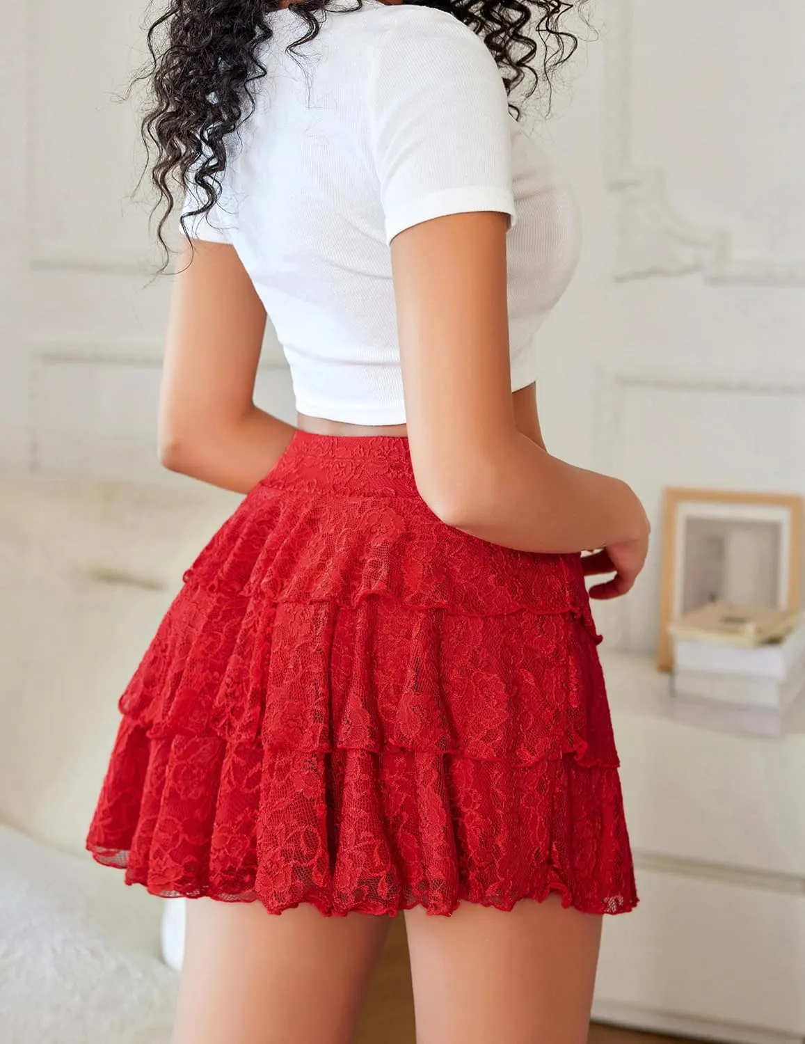 Avidlove Women Pleated Mini Skirt Lace Ruffles Short Skirt High Waisted Floral Layered Skirts