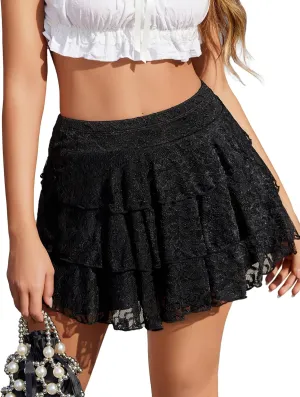 Avidlove Women Pleated Mini Skirt Lace Ruffles Short Skirt High Waisted Floral Layered Skirts