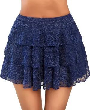 Avidlove Women Pleated Mini Skirt Lace Ruffles Short Skirt High Waisted Floral Layered Skirts