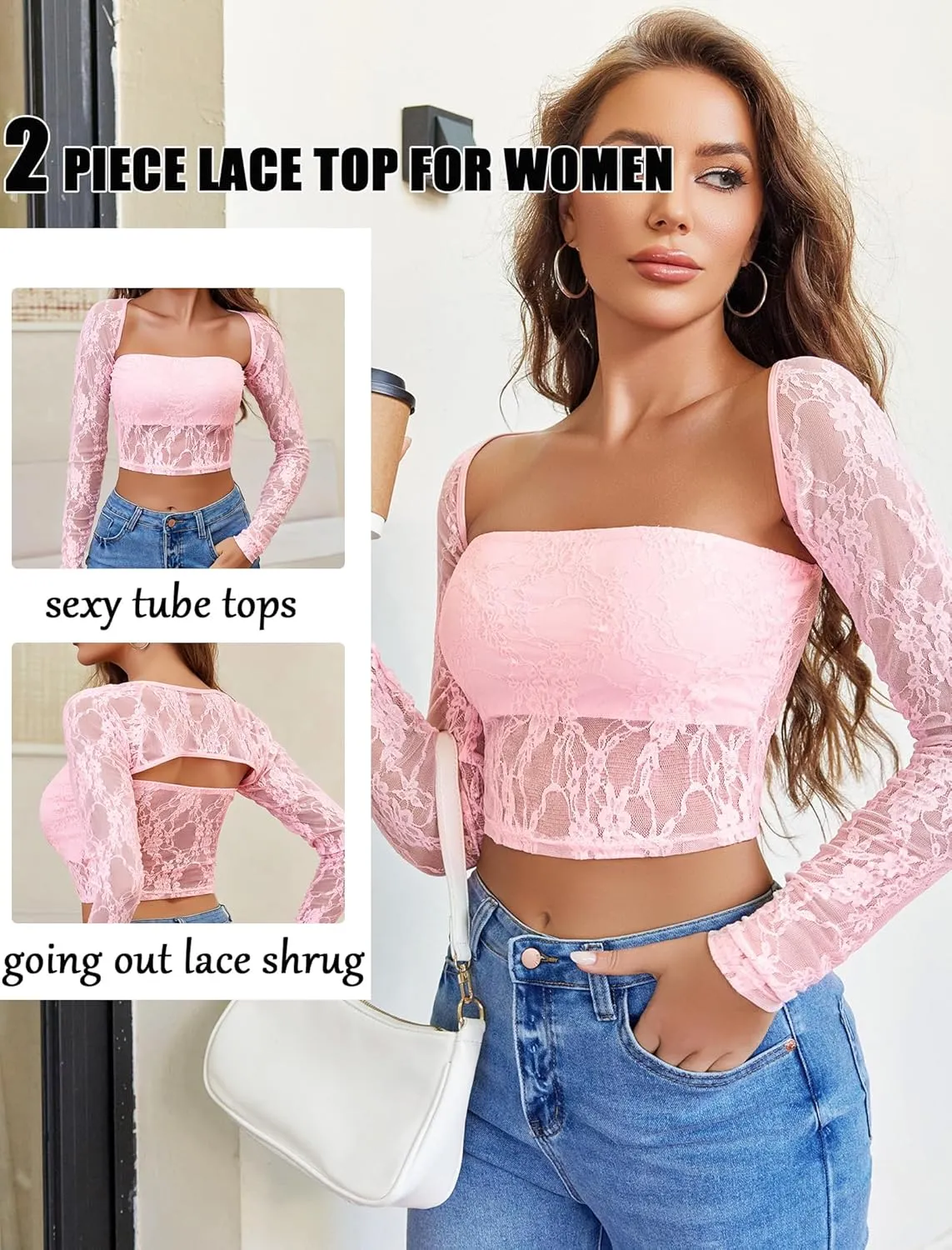 Avidlove Women's Mesh Tops Lace Long Sleeve Going Out Tops Square Neck Crop Top Shirt Strapless Tube Top and Bolero Set