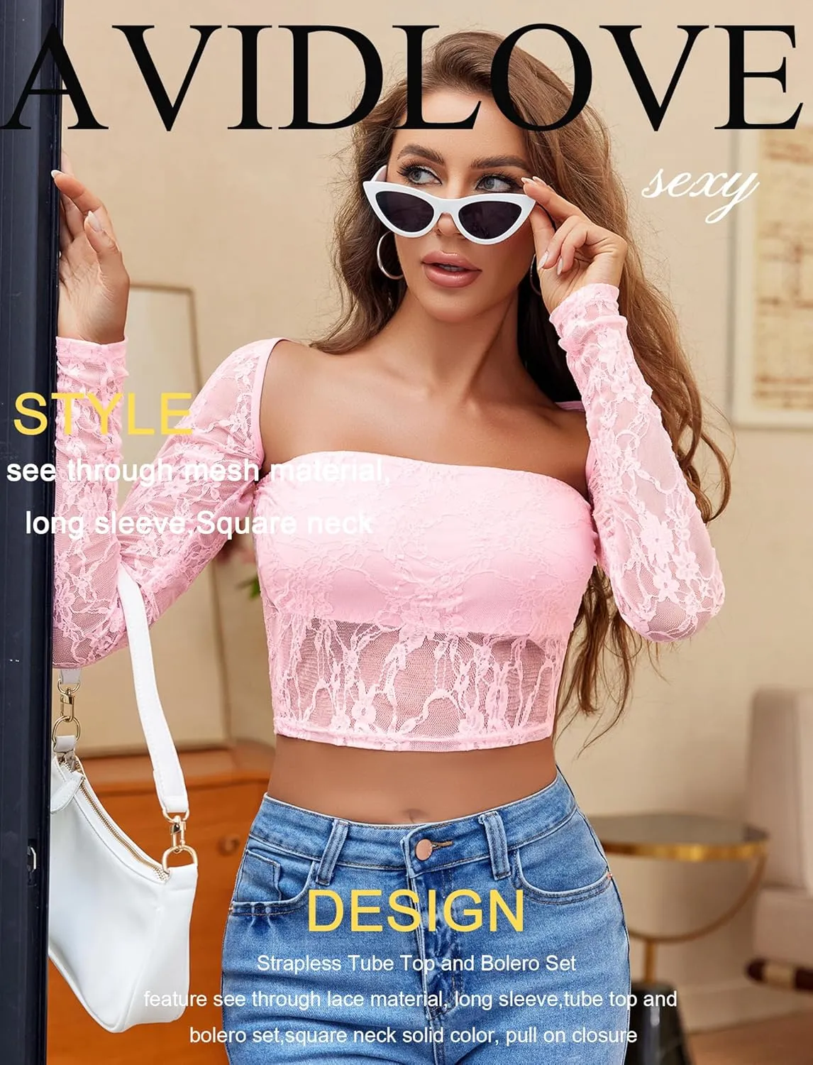 Avidlove Women's Mesh Tops Lace Long Sleeve Going Out Tops Square Neck Crop Top Shirt Strapless Tube Top and Bolero Set