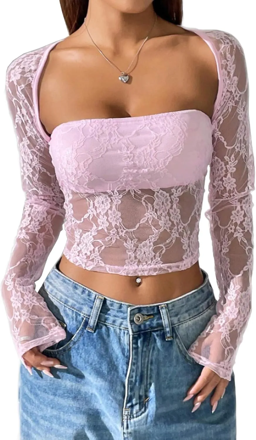 Avidlove Women's Mesh Tops Lace Long Sleeve Going Out Tops Square Neck Crop Top Shirt Strapless Tube Top and Bolero Set