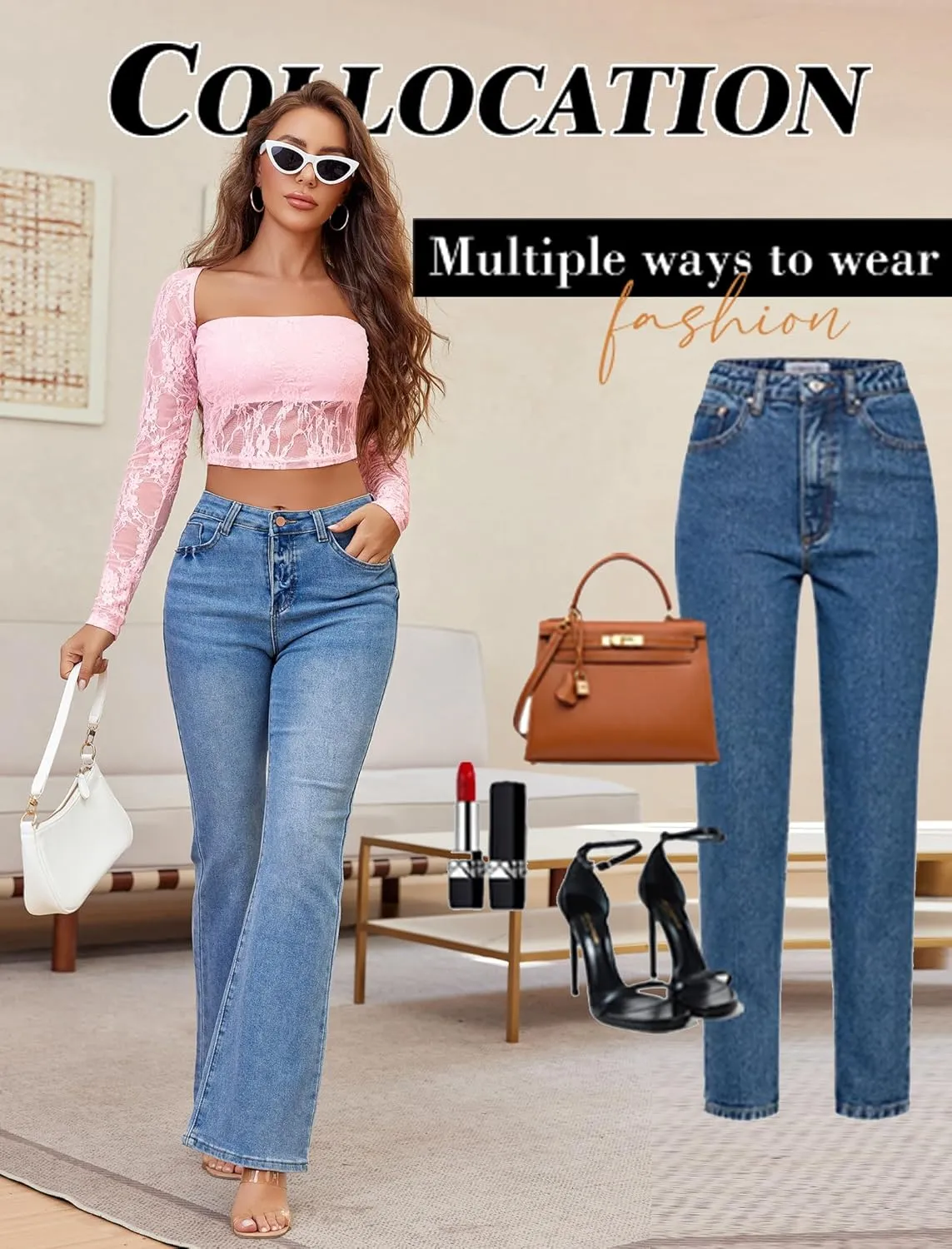 Avidlove Women's Mesh Tops Lace Long Sleeve Going Out Tops Square Neck Crop Top Shirt Strapless Tube Top and Bolero Set