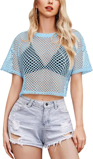 Avidlove Women's Sheer Fishnet Top Sexy Short Sleeves Net T Shirts Crop Top