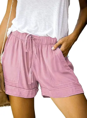 Basoteeuo Womens Shorts Summer Comfy Cotton Elastic Waist Drawstring Casual Shorts with Pockets