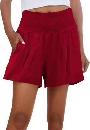Beach Shorts for Women Casual Summer Smocked High Waisted Shorts Wide Leg Flowy Short Lounge Pants with Pockets