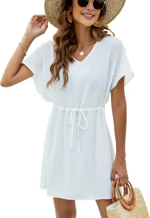 Bluetime Women Casual Swim Cover up V-Neck Summer Coverups Flowy Short Sleeve Mini Beach Dress