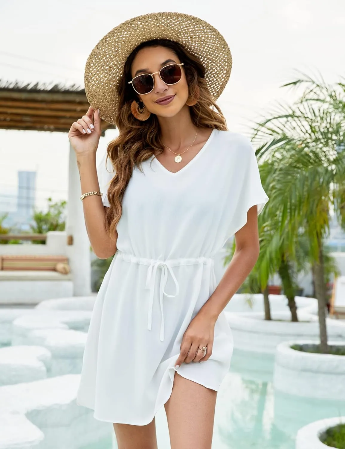 Bluetime Women Casual Swim Cover up V-Neck Summer Coverups Flowy Short Sleeve Mini Beach Dress