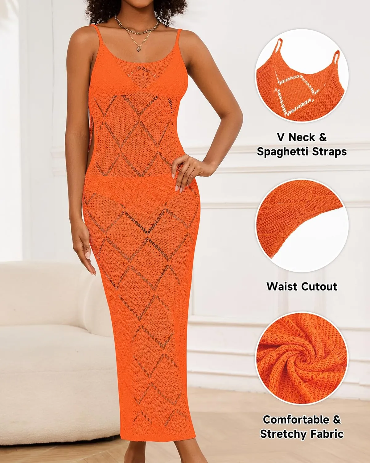 Bsubseach Swimsuit Crochet Beach Coverup - Women Hollow Out Knit Swim Cover Up Dress Spaghetti Strap Backless Dresses