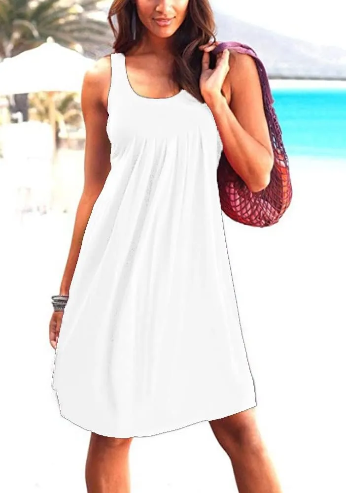 Camisunny Women Casual Loose Tank Dresses Sleeveless Beach Vacation Dress Swing Pleated U Neck Fashion Soft
