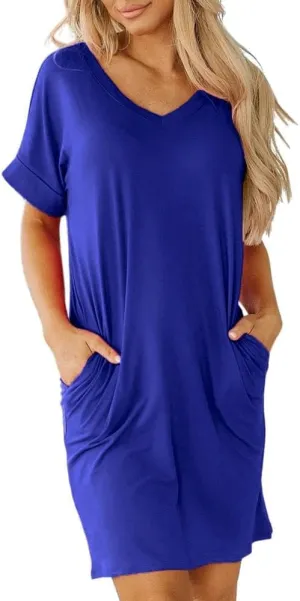 Camisunny Womens Short Sleeve Pleated Loose Swing Casual Dresses with Pockets Knee Length Summer V Neck Tunic Dress