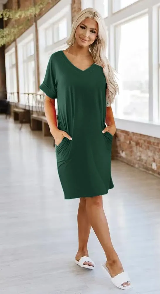 Camisunny Womens Short Sleeve Pleated Loose Swing Casual Dresses with Pockets Knee Length Summer V Neck Tunic Dress