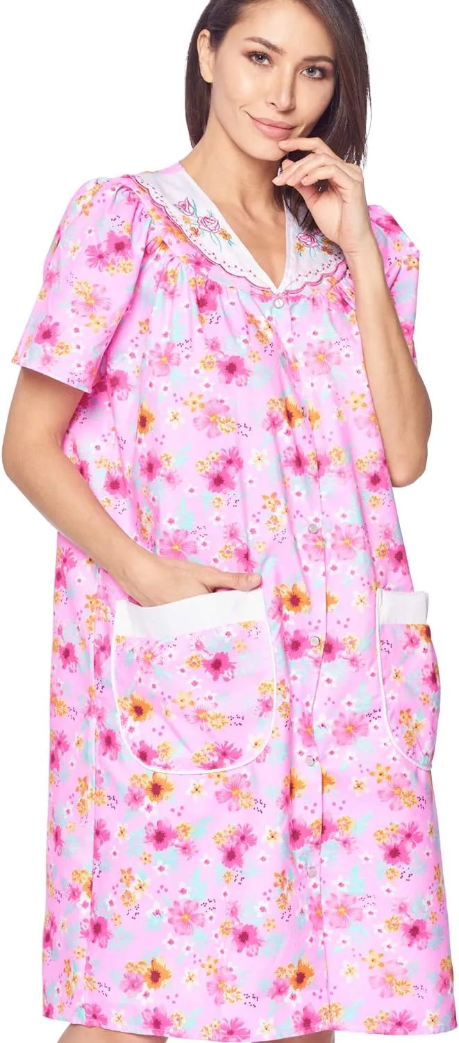 Casual Nights Women's Snap - Front House Dress Short Sleeve Woven Housecoat Duster Lounger Robe with Pockets