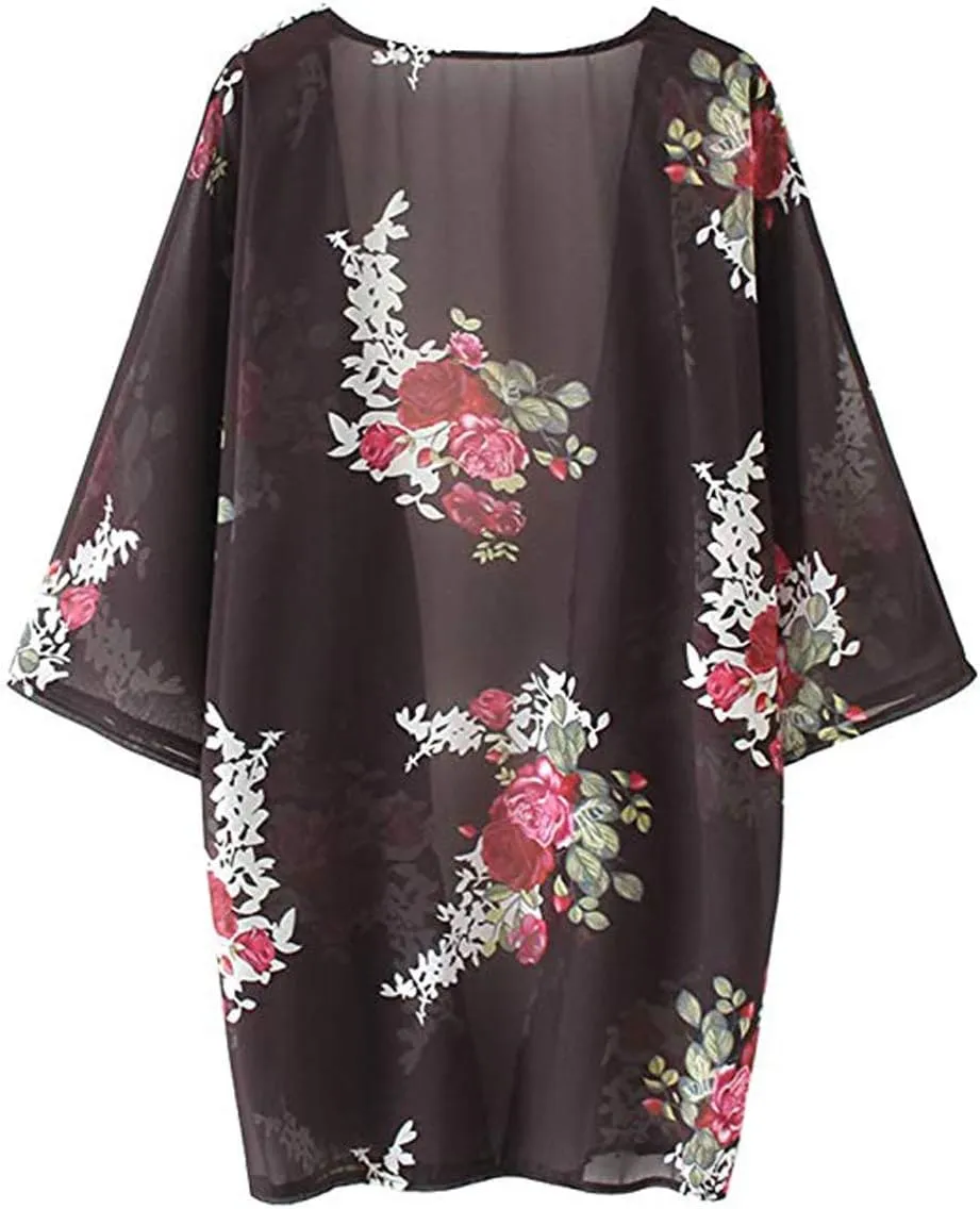 CASURESS Women's Cardigan-Sheer Kimono Loose Summer Floral Print Cover Ups