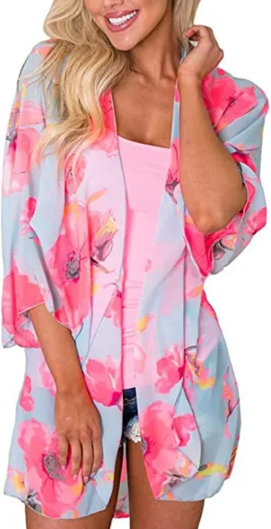 CASURESS Women's Cardigan-Sheer Kimono Loose Summer Floral Print Cover Ups