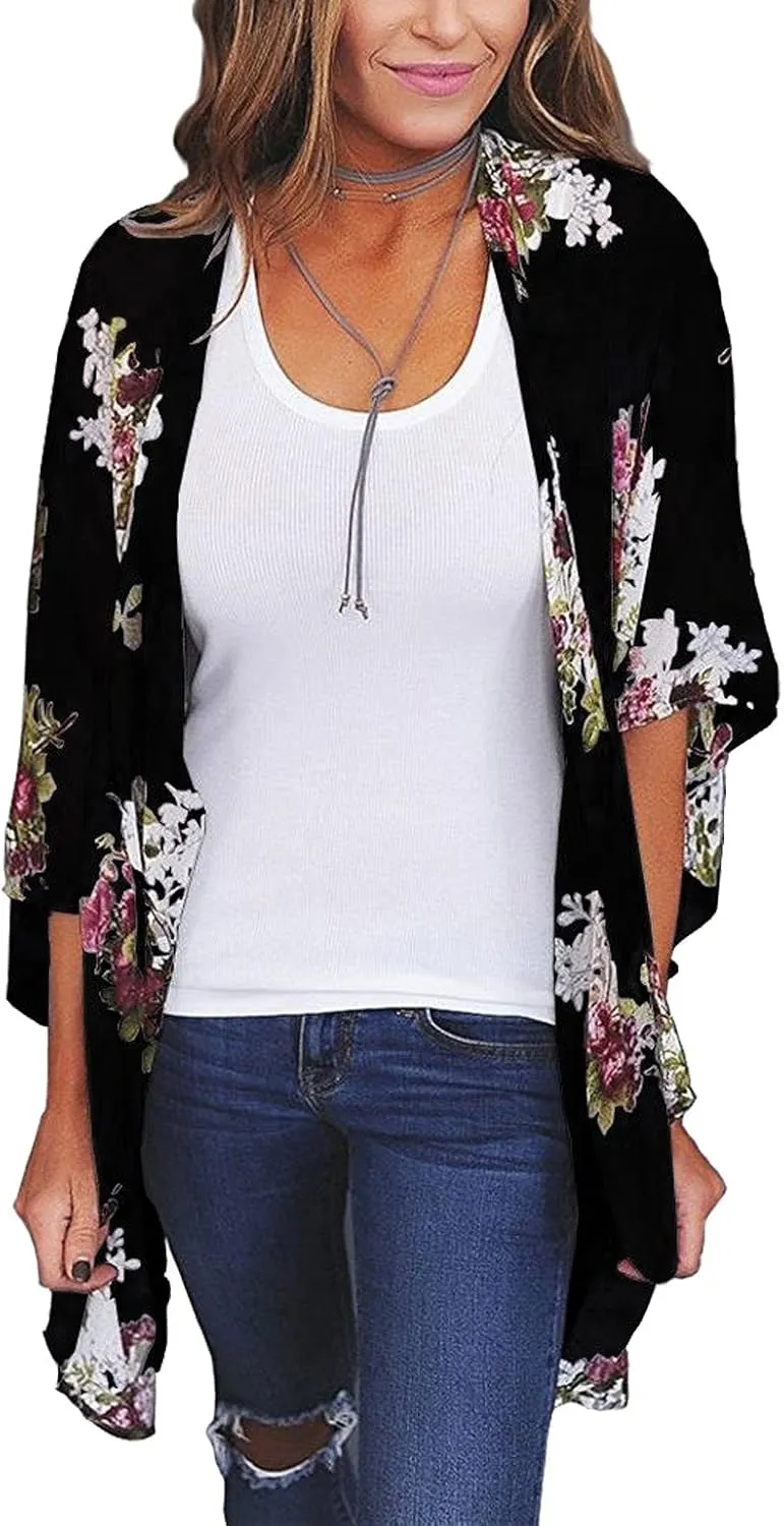 CASURESS Women's Cardigan-Sheer Kimono Loose Summer Floral Print Cover Ups