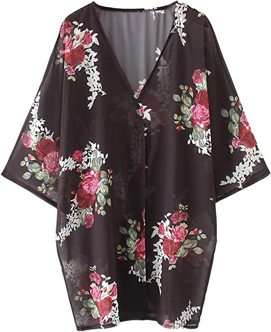 CASURESS Women's Cardigan-Sheer Kimono Loose Summer Floral Print Cover Ups