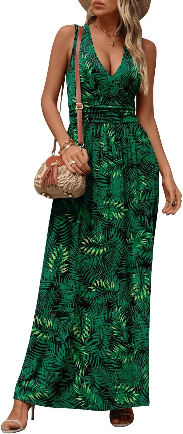 CATHY Women's Casual Sleeveless Deep V Neck Beach Waist Maxi Dresses with Pockets