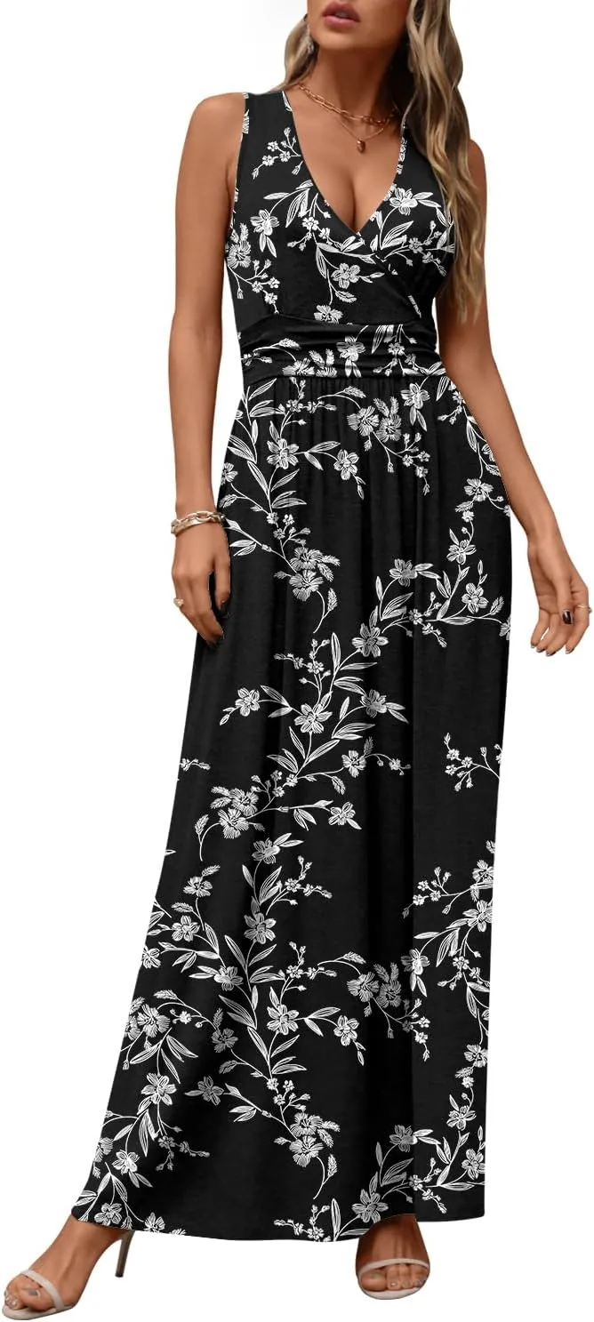 CATHY Women's Casual Sleeveless Deep V Neck Beach Waist Maxi Dresses with Pockets