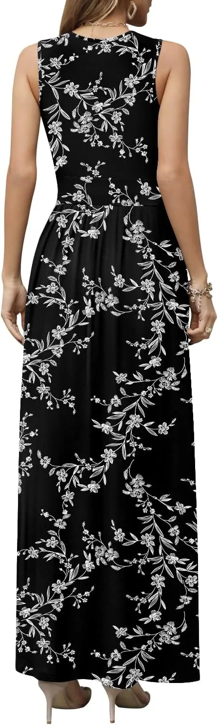 CATHY Women's Casual Sleeveless Deep V Neck Beach Waist Maxi Dresses with Pockets