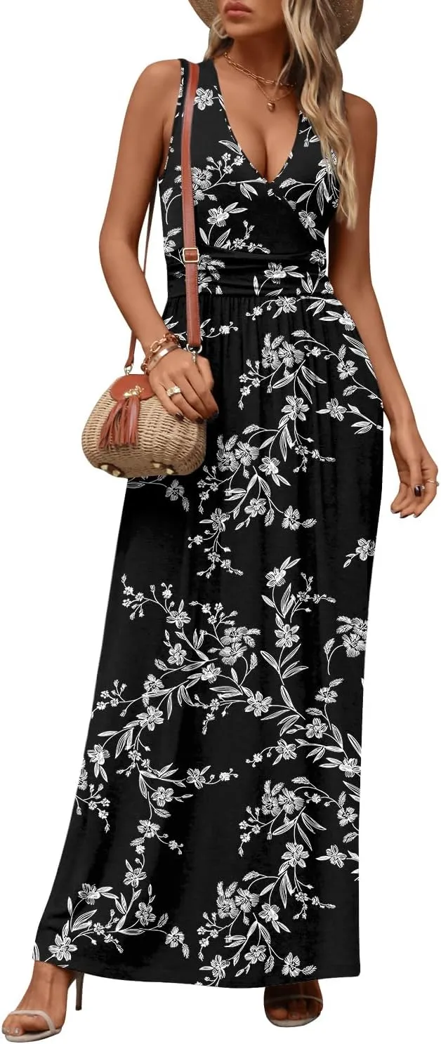 CATHY Women's Casual Sleeveless Deep V Neck Beach Waist Maxi Dresses with Pockets