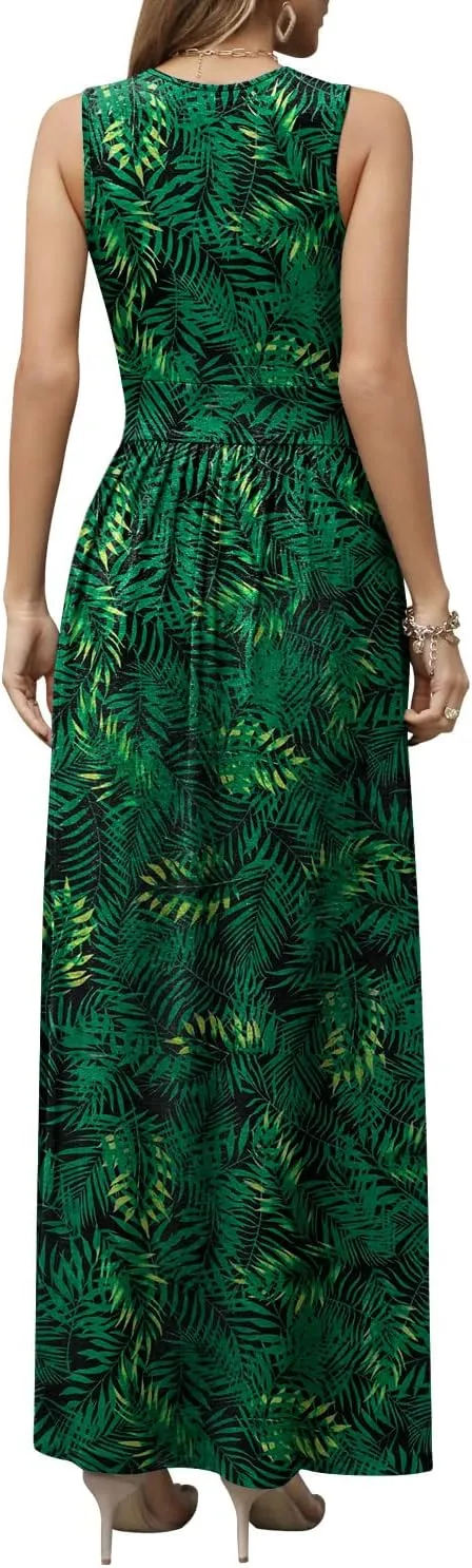 CATHY Women's Casual Sleeveless Deep V Neck Beach Waist Maxi Dresses with Pockets