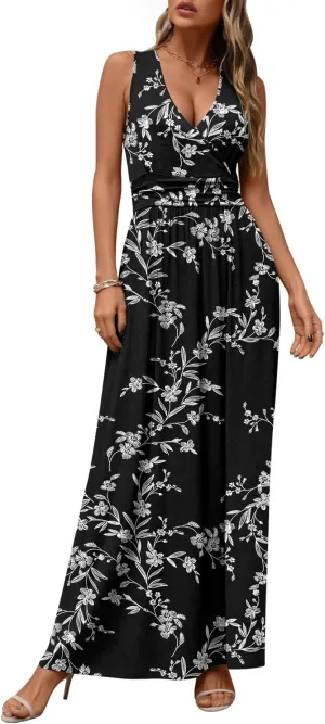 CATHY Women's Casual Sleeveless Deep V Neck Beach Waist Maxi Dresses with Pockets