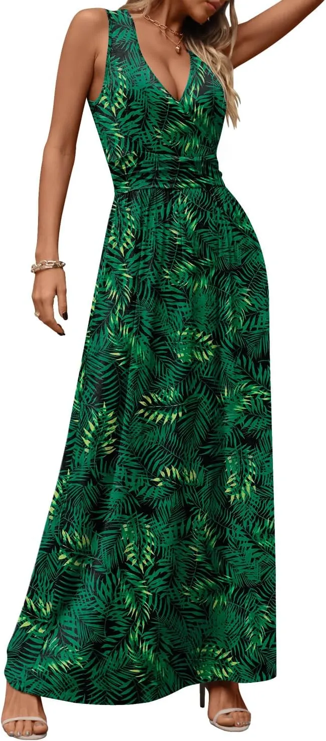 CATHY Women's Casual Sleeveless Deep V Neck Beach Waist Maxi Dresses with Pockets